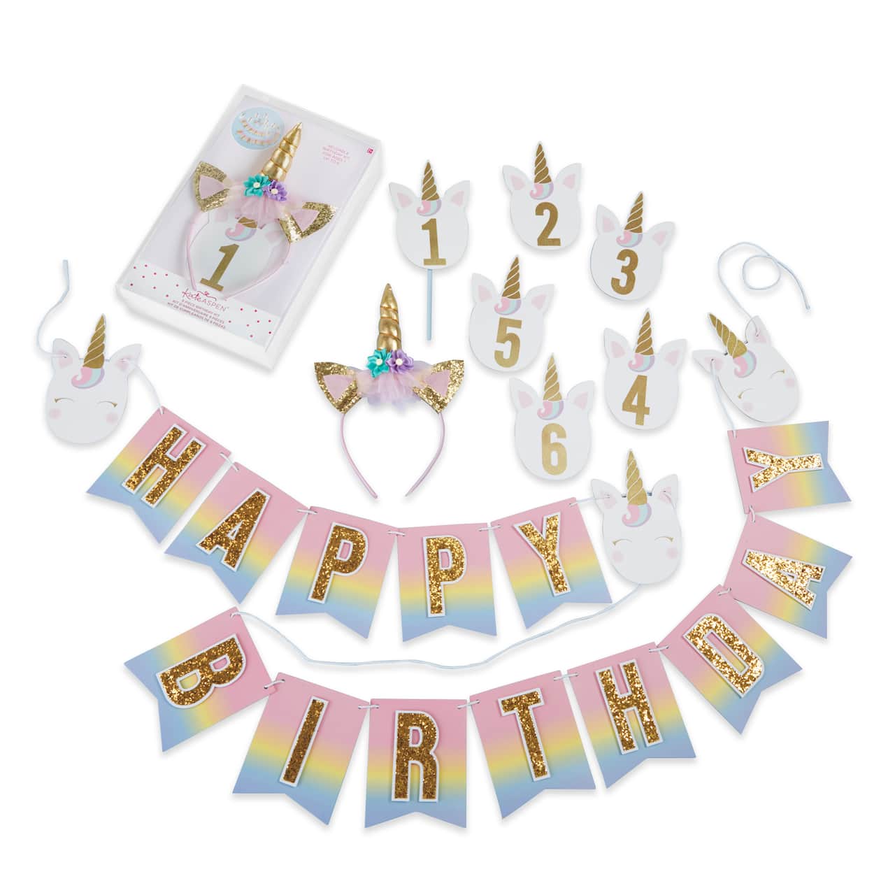 Kate Aspen&#xAE; Gold Glitter Unicorn Happy Birthday Party D&#xE9;cor Kit